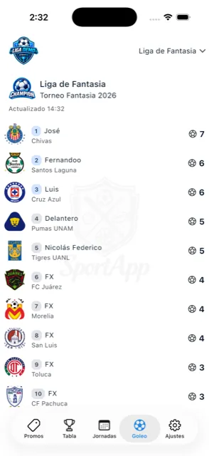 Pantalla de Goleo de la app de tu liga